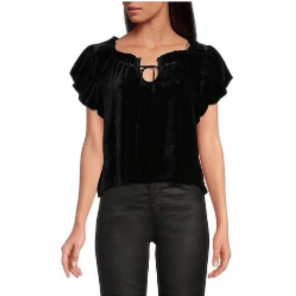 Free People Terese Velvet Ruffled Keyhole Tie Neck Short Puffed Sleeve T… - Picture 13 of 13